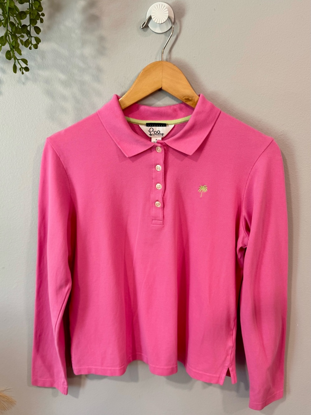 Lilly Pulitzer Hot Pink Long Sleeve Polo with Lime Palm Logo Medium